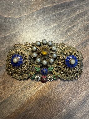 Vintage Filigree Floral Barrette with Blue Enamel & Faux Pearls CALVAIRE?